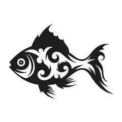 Stylized black fish showcases intricate swirls and tribal like pattern on a white backdrop
