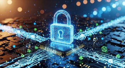 Digital lock on circuit board represents technology security and data protection concepts.