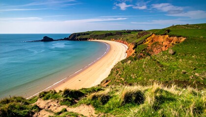 A stunning coastal scene depicts a sandy beach nestled between cliffs with lush green grass and turquoise ocean under a blue sky