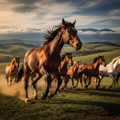 Obraz premium Wild Horses Running Free Across a Green Meadow.
