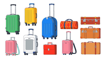 Collection of various luggage and travel bags in different colors and styles, isolated on