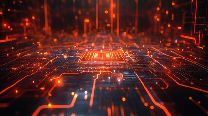 Digital data flowing through futuristic circuit board network