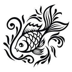 Stylized black fish swims gracefully amid decorative swirls on a white background for a unique tattoo