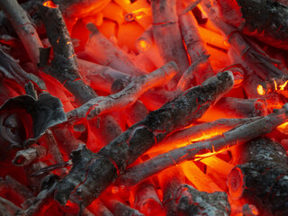 Naklejka premium Hot Glowing Red Charcoal and Burning Wood