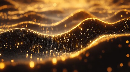 Digital golden waves forming abstract technology grid background