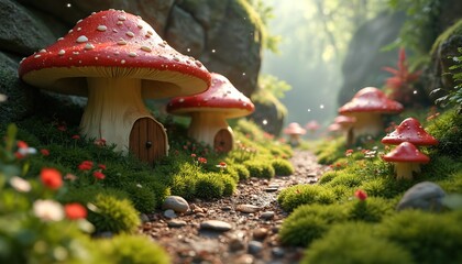 Naklejka premium Small village of red spotted mushrooms with tiny doors and windows in a green forest glade. Mossy ground and small flowers line a path through the woodland.