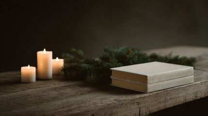 intimate icon rests on rustic wooden table surrounded by evergreen branches and soft candlelight