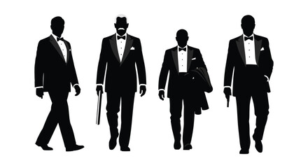 Elegant men in tuxedos walking with confidence and classic style