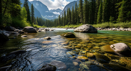 Crystal Clear Mountain River Flowing Over Smooth Stones.