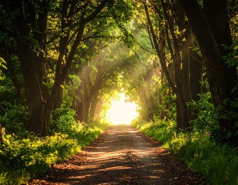 A sunlit dirt path through a tree tunnel, bathed in golden light that streams from the opening ahead, creating a peaceful atmosphere