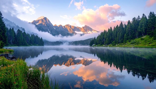 A tranquil mountain lake reflects the sky and surrounding landscape during a misty sunrise, with snow-capped peaks and a dense evergreen forest.