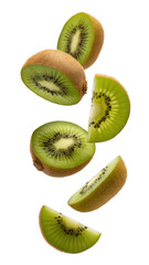 Fototapeta premium Sliced kiwi fruit pieces suspended isolated on a transparent background
