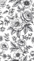 A grayscale botanical illustration showcasing elegant floral arrangement with detailed peony, rose, and bud blooms and foliage, set against a white backdrop