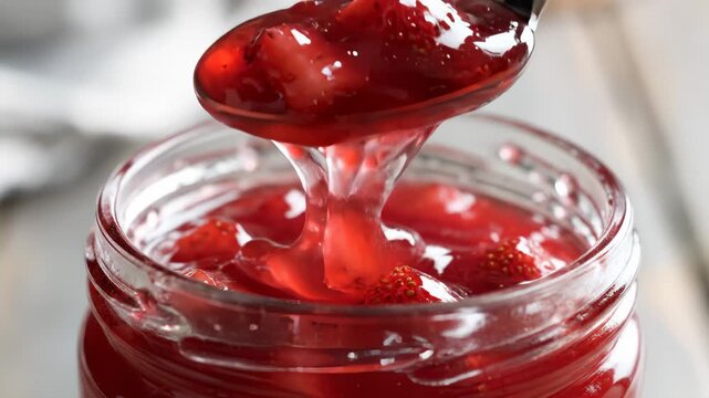 Scooping Strawberry Jam Into a Jar, Close Up