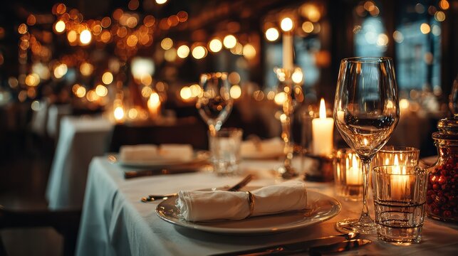 Romantic restaurant table setting with candles and wine glasses - Powered by Adobe