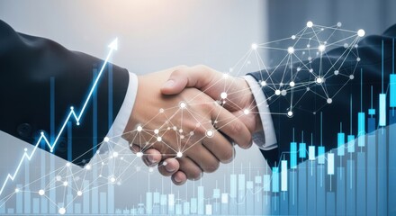 Business partners shaking hands with glowing network and financial growth charts.