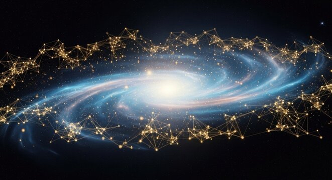 Cosmic network overlaying a swirling galaxy with glowing stars and light effects.