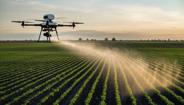 Agricultural drone spraying water over green crop field at sunset, advanced technology for precision irrigation, sustainable farming, and efficient crop management - Powered by Adobe