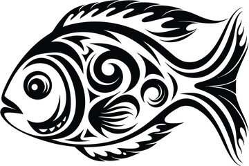 Stylized fish outline features abstract tribal pattern markings across its body in black and white