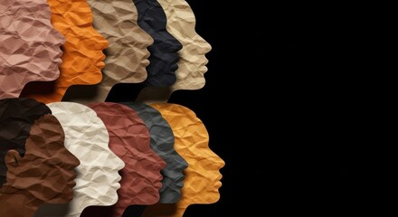 Diverse group of paper cutout profiles with varied skin tones united together.