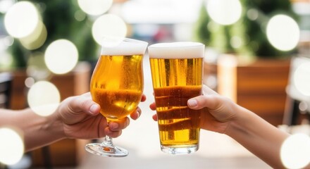 Two hands clinking glasses of cold, bubbly beer outdoors with bokeh lights.