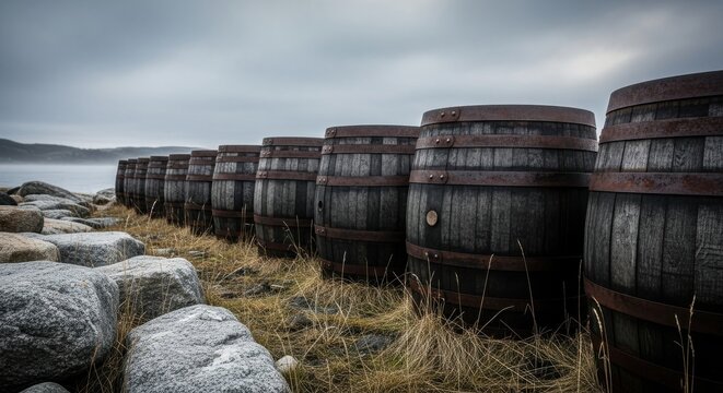 A row of wooden barrels on a rocky shore under a cloudy sky.