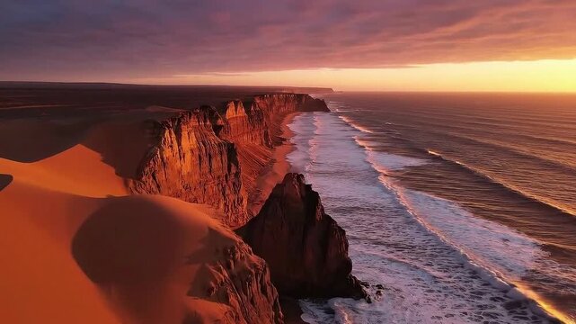 Desert coast ocean cliffs sunset sand dunes landscape nature travel scenic beauty horizon view arid