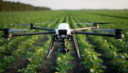 Farming drone with multi rotor arms hovers above green crop field, equipped with camera for precision agriculture, technology innovation, and sustainable farming solutions