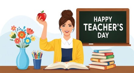 Happy teacher holds apple near books and flowers with chalk board behind.