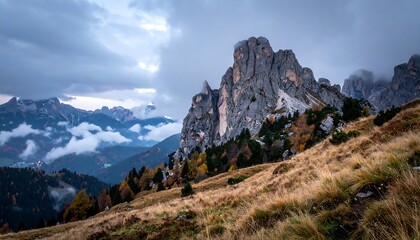 A jagged mountain peak is silhouetted by light, next to a grassy slope with autumn-colored trees, all under a cloudy sky