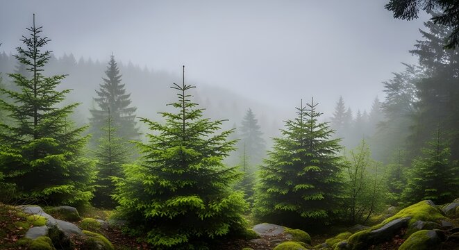 Vibrant green spruce trees standing in a mysterious foggy mountain forest