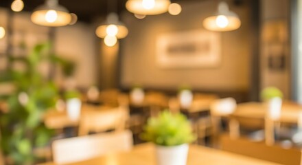 Blurred background of a cozy cafe interior with warm lighting and green plants.