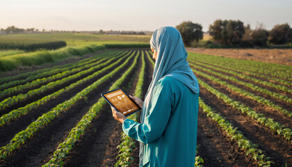 Female farmer using tablet to monitor smart irrigation data in green crop field, technology in agriculture, sustainable farming, rural landscape, innovation, determination