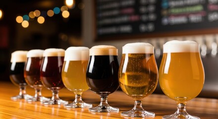 A row of diverse craft beers with foamy heads arranged on a bar.