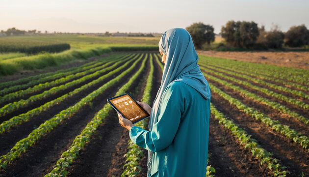 Female farmer using tablet to monitor smart irrigation data in green crop field, technology in agriculture, sustainable farming, rural landscape, innovation, determination
