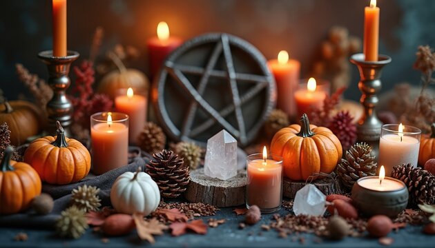 Autumn altar setup features pumpkins candles crystals and dried herbs. A pentagram symbol sits behind lit candles creating a mystical scene for Samhain or harvest celebration.