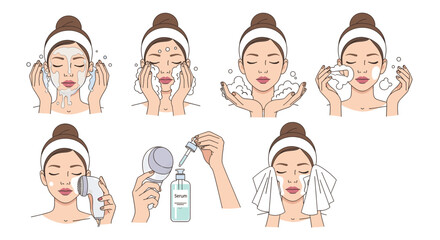 Fototapeta premium Stepbystep illustration of a woman washing her face and applying skincare products isolated on
