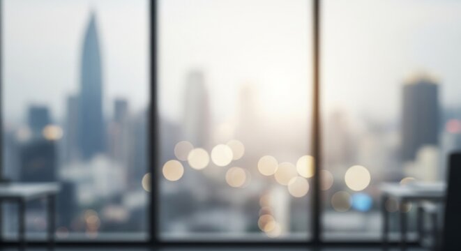 Blurred Cityscape View from Modern Office Window at Sunset. - Powered by Adobe