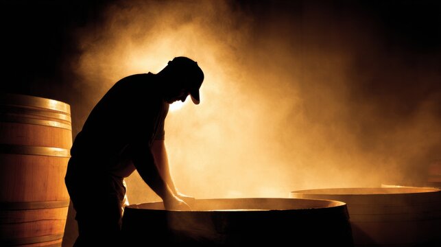 Winemaker Silhouette Working Over a Barrel in Warm Golden Glow at Dusk in a Winery Cellar - Powered by Adobe