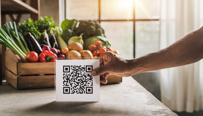 Hand holding QR code sign near fresh organic vegetables on clean table, sunlight streaming through window, promoting digital payment at local farm market for healthy produce