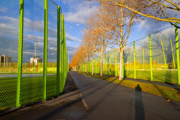 Scenic view of Heerenschürli sports grounds with fences and football fields an idyllic tree alley at Swiss city of Zürich. Photo taken November 18th, 2025, Zurich Schwamendingen, Switzerland.