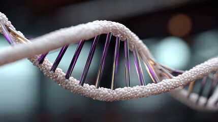 Futuristic digital DNA strand with glowing purple and white elements, biotechnology concept, innovation and science background