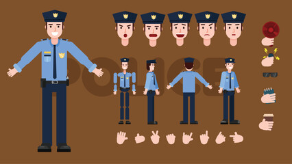 Flat Police Officer Character – Rig-Friendly Vector Set with Uniform & Expressions