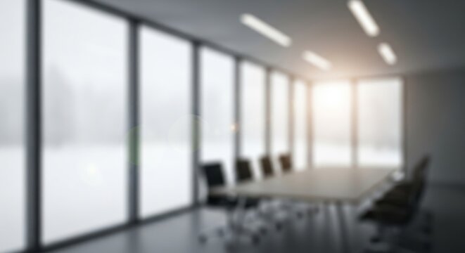 Blurred Modern Conference Room with Large Windows and Bright Light. - Powered by Adobe