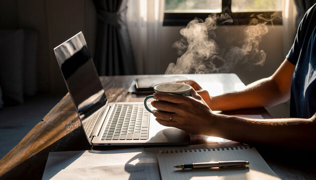 Hands holding coffee while working on laptop in bright home office, gentle warm light creates cozy and productive atmosphere, morning routine, relaxed mood