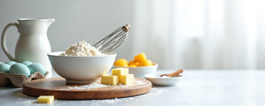 Dough ingredients on table. Flour bowl with whisk, butter cubes. Blue eggs in carton, milk jug. Food preparation concept for recipe blog. Home cooking breakfast with raw bakery production for - Powered by Adobe