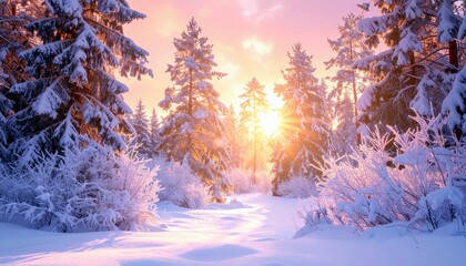 A serene winter forest scene at sunrise, with snow-covered trees and bushes lining a path as golden sunbeams break through the branches.
