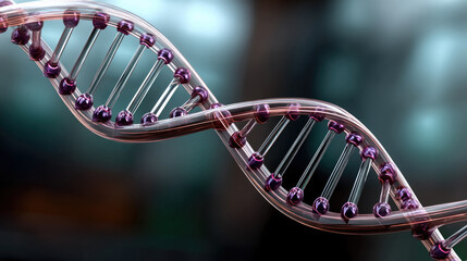 Futuristic digital DNA strand with glowing purple elements, biotechnology concept, science innovation, abstract background