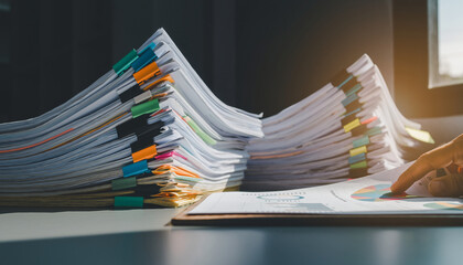 Stack of documents with colorful paper clips on minimalist workspace human hand flipping paper with chart sunlight business office organization productivity focus analysis