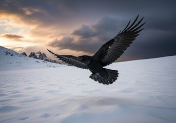Naklejka premium Raven flying over snowy field with distant mountain